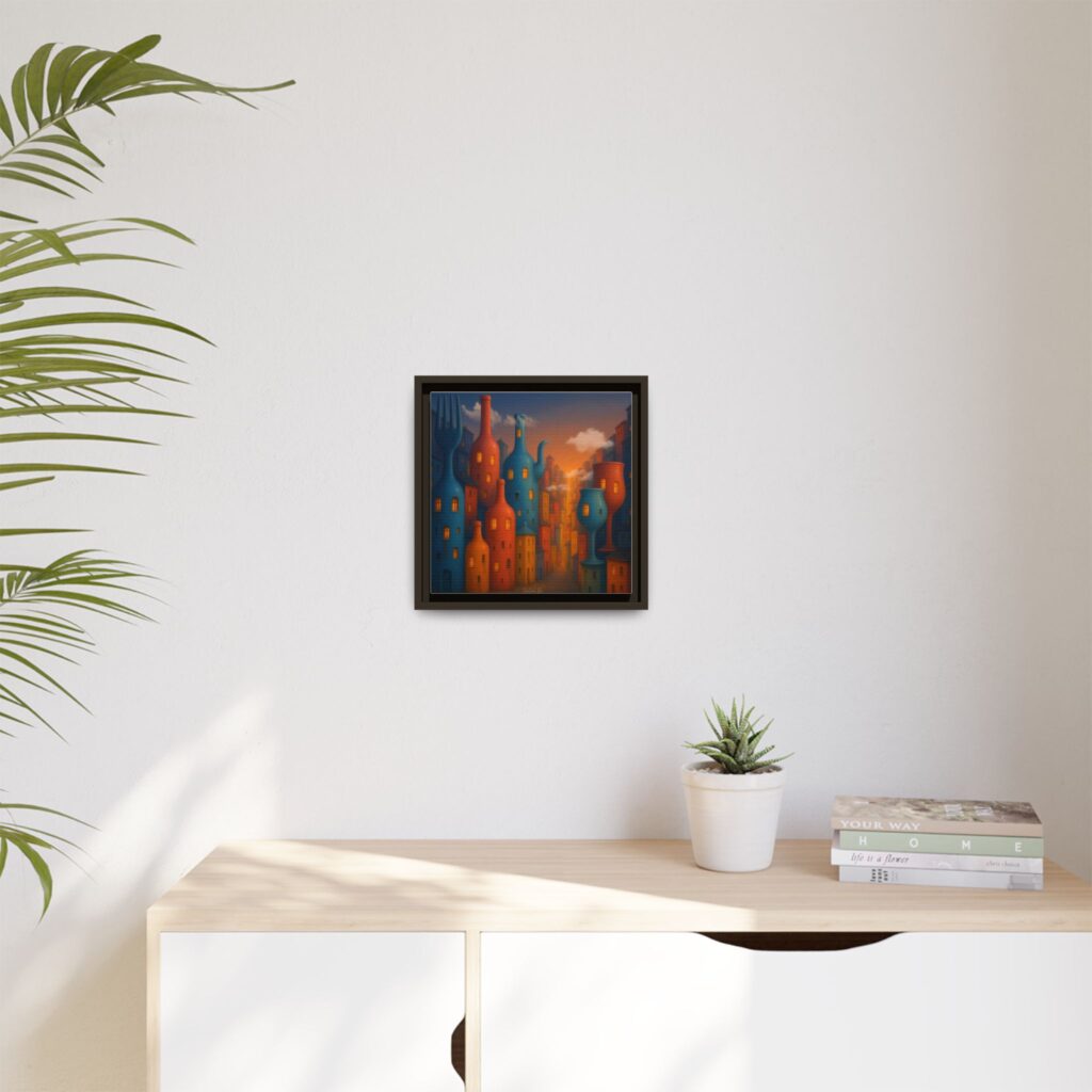 Metropolis of Bottled Souls – Surreal Cityscape Framed Canvas — Colorful Bottle-Building Wall Art