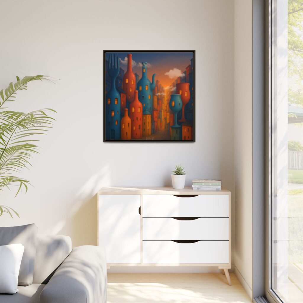 Metropolis of Bottled Souls – Surreal Cityscape Framed Canvas — Colorful Bottle-Building Wall Art