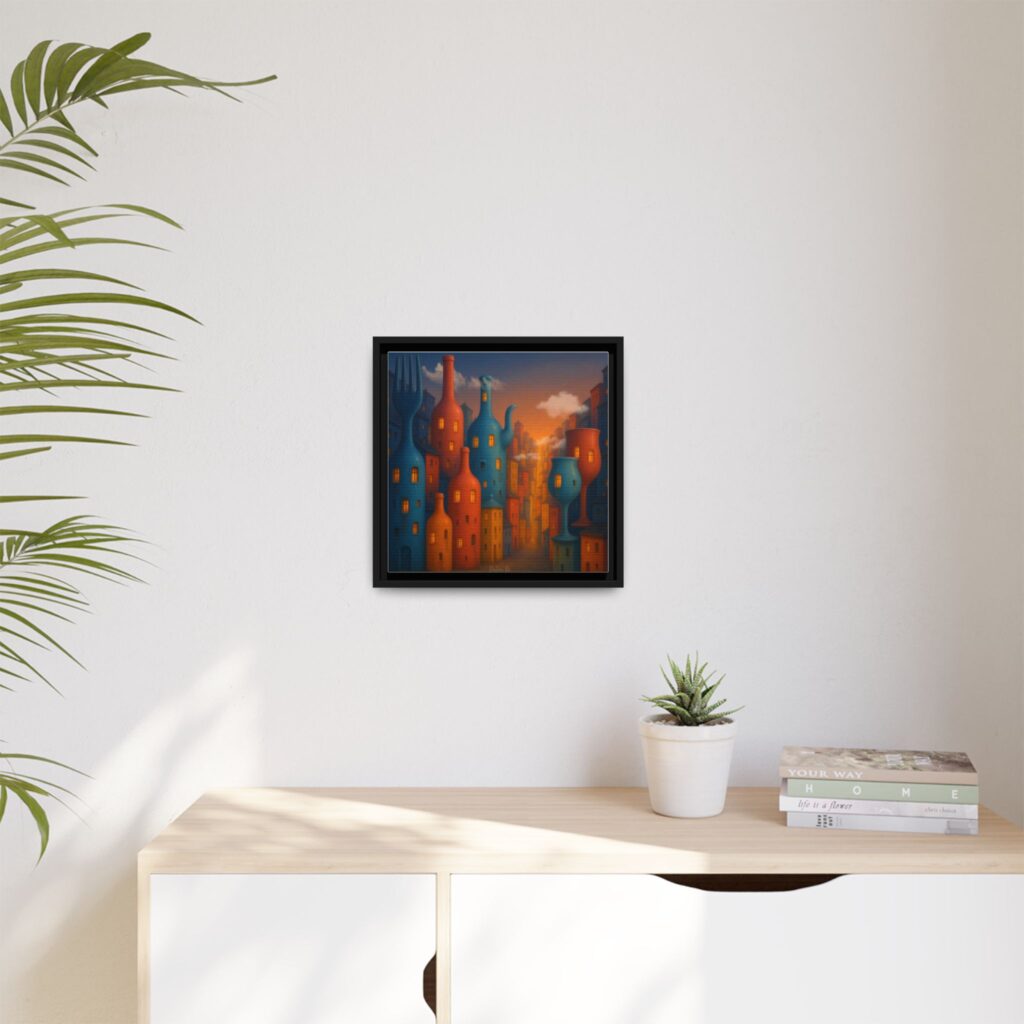 Metropolis of Bottled Souls – Surreal Cityscape Framed Canvas — Colorful Bottle-Building Wall Art