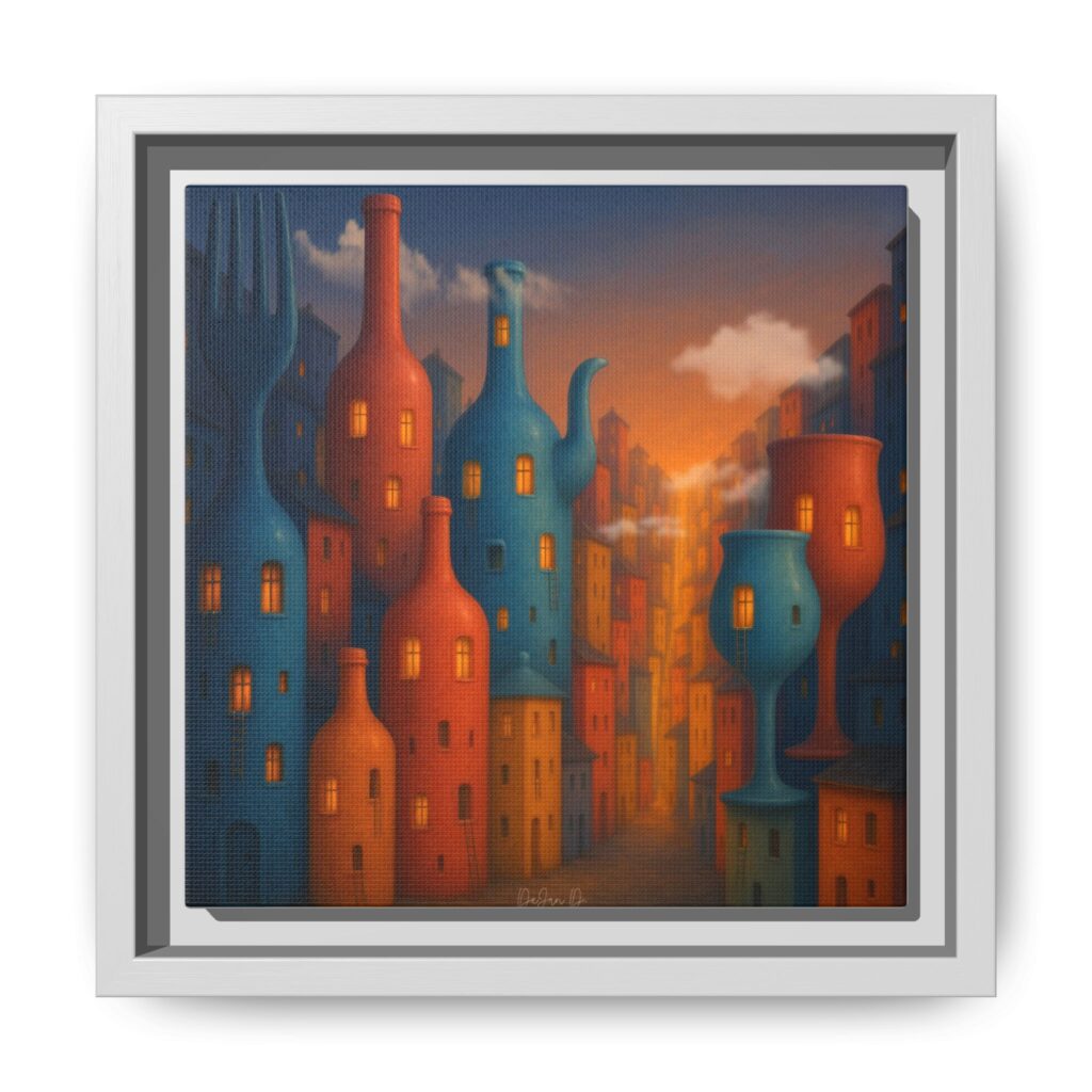 Metropolis of Bottled Souls – Surreal Cityscape Framed Canvas — Colorful Bottle-Building Wall Art