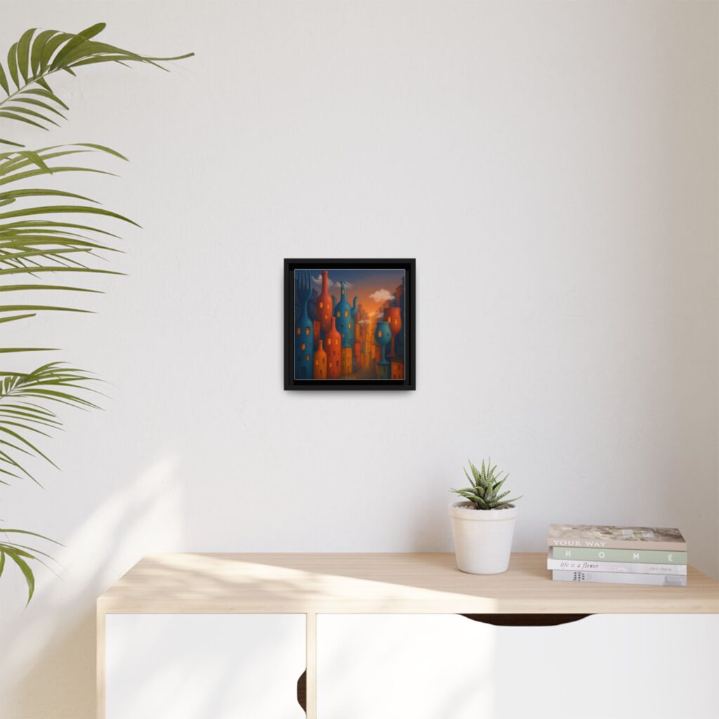 Metropolis of Bottled Souls – Surreal Cityscape Framed Canvas — Colorful Bottle-Building Wall Art