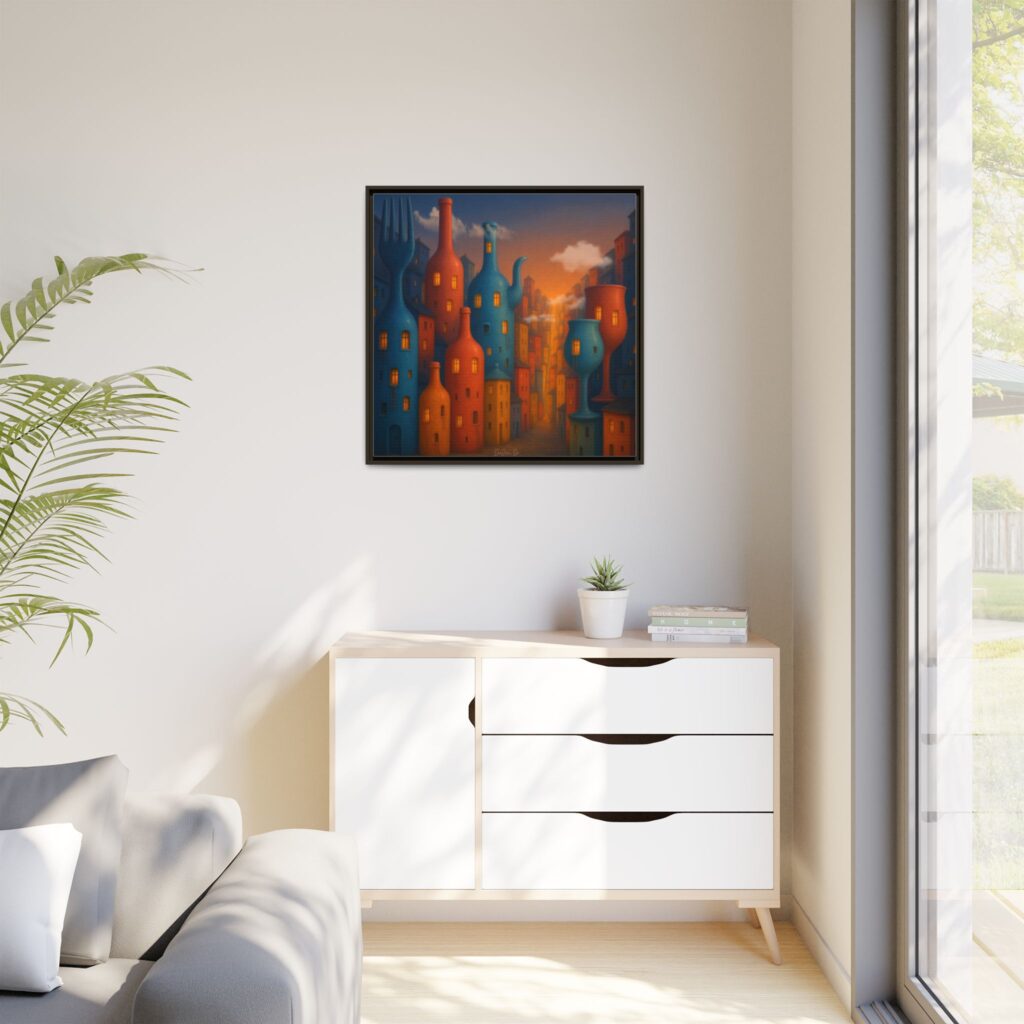 Metropolis of Bottled Souls – Surreal Cityscape Framed Canvas — Colorful Bottle-Building Wall Art