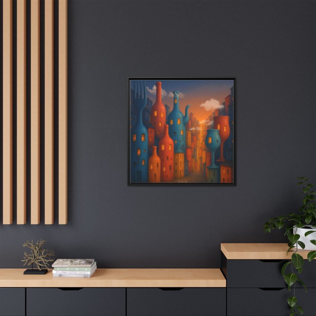 Metropolis of Bottled Souls – Surreal Cityscape Framed Canvas — Colorful Bottle-Building Wall Art
