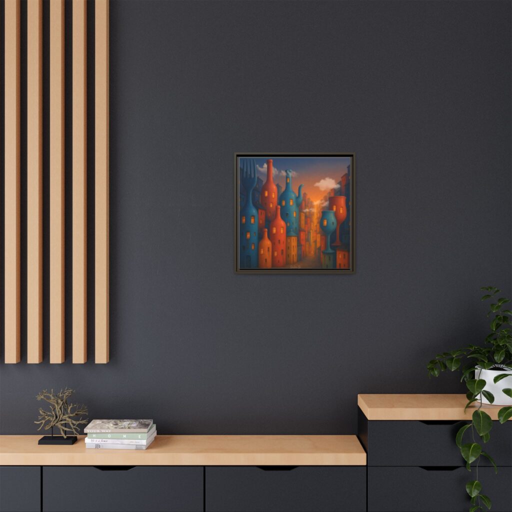 Metropolis of Bottled Souls – Surreal Cityscape Framed Canvas — Colorful Bottle-Building Wall Art