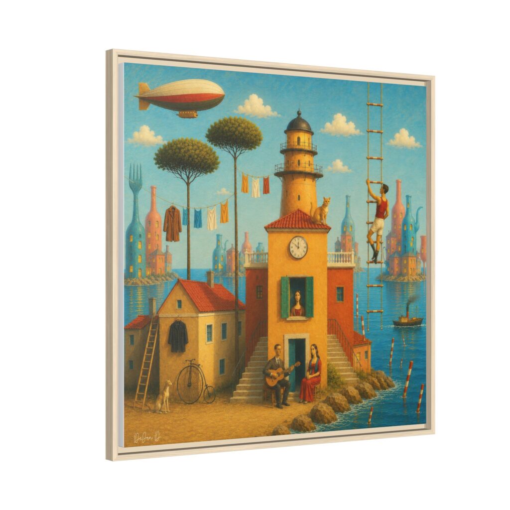 Surreal Coastal Lighthouse Matte Framed Canvas Print