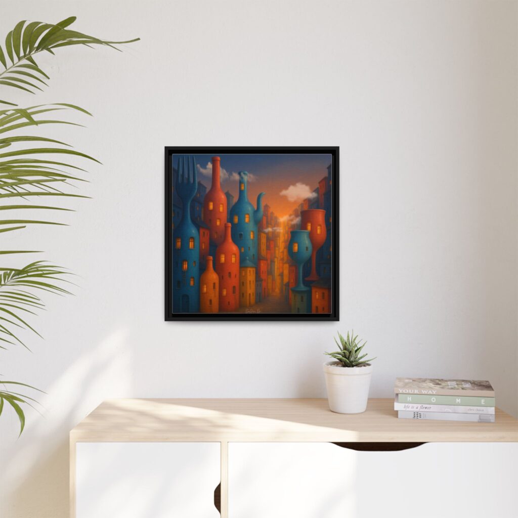 Metropolis of Bottled Souls – Surreal Cityscape Framed Canvas — Colorful Bottle-Building Wall Art