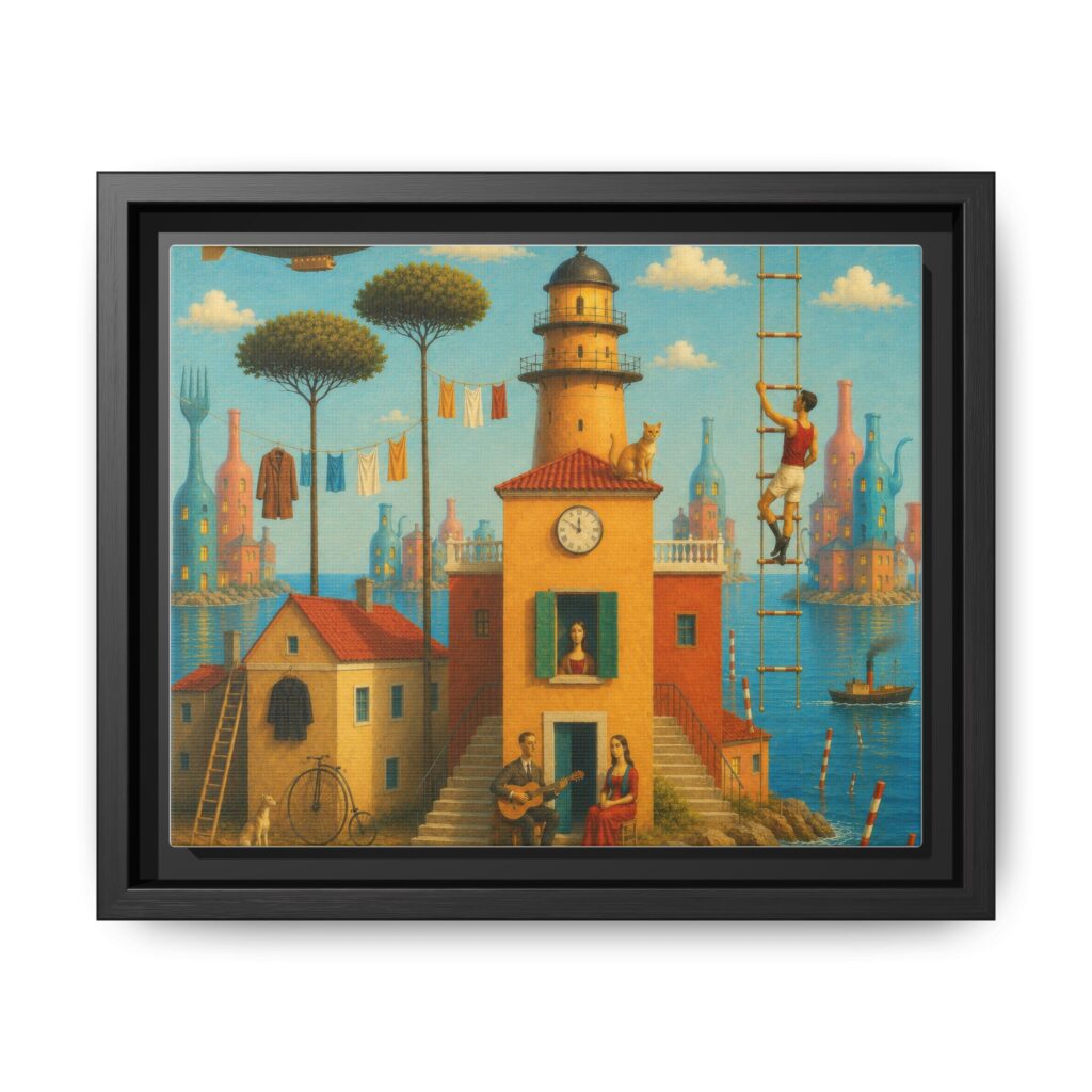 Surreal Coastal Lighthouse Matte Framed Canvas Print