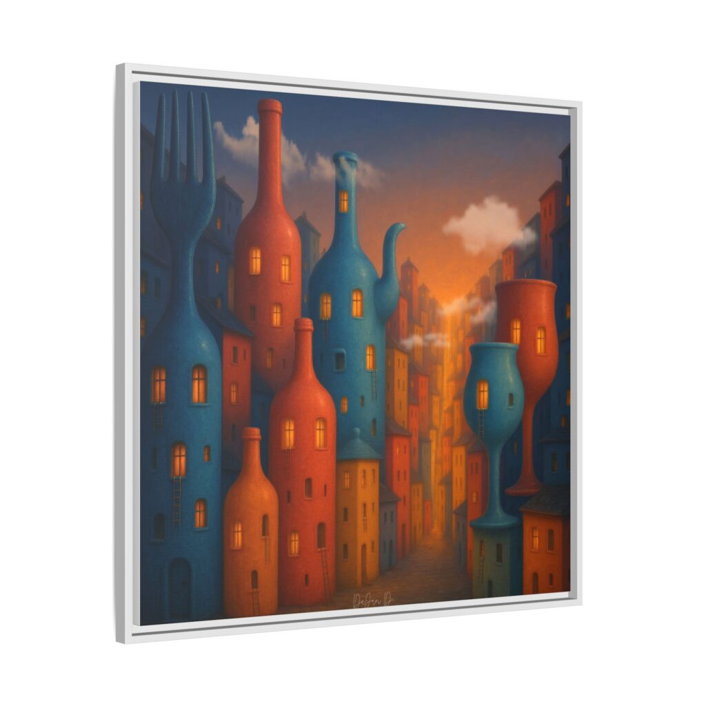 Metropolis of Bottled Souls – Surreal Cityscape Framed Canvas — Colorful Bottle-Building Wall Art