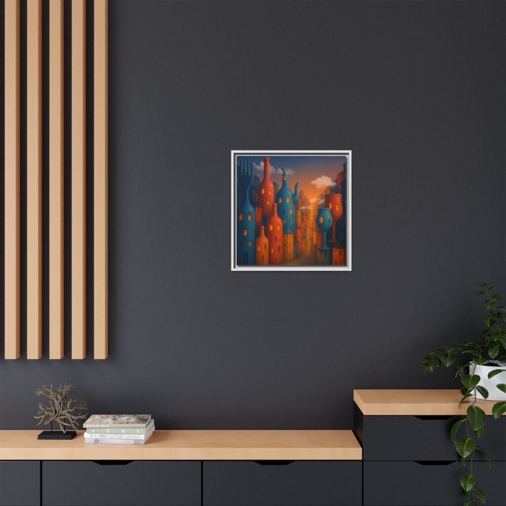 Metropolis of Bottled Souls – Surreal Cityscape Framed Canvas — Colorful Bottle-Building Wall Art
