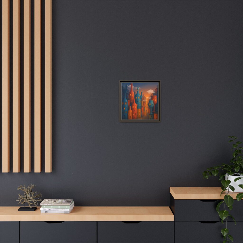 Metropolis of Bottled Souls – Surreal Cityscape Framed Canvas — Colorful Bottle-Building Wall Art