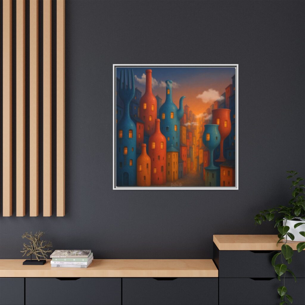 Metropolis of Bottled Souls – Surreal Cityscape Framed Canvas — Colorful Bottle-Building Wall Art