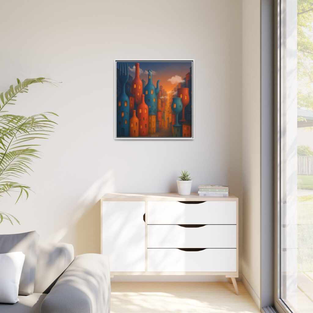 Metropolis of Bottled Souls – Surreal Cityscape Framed Canvas — Colorful Bottle-Building Wall Art