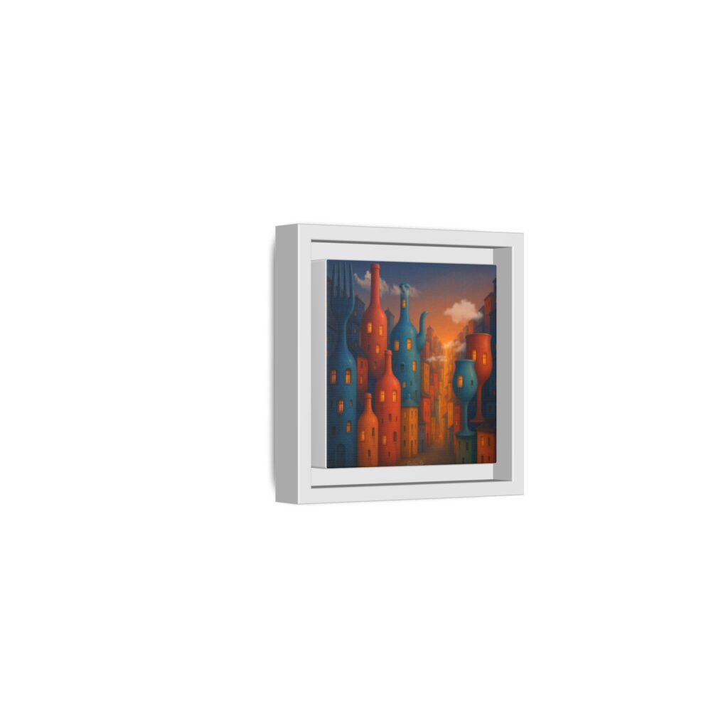 Metropolis of Bottled Souls – Surreal Cityscape Framed Canvas — Colorful Bottle-Building Wall Art