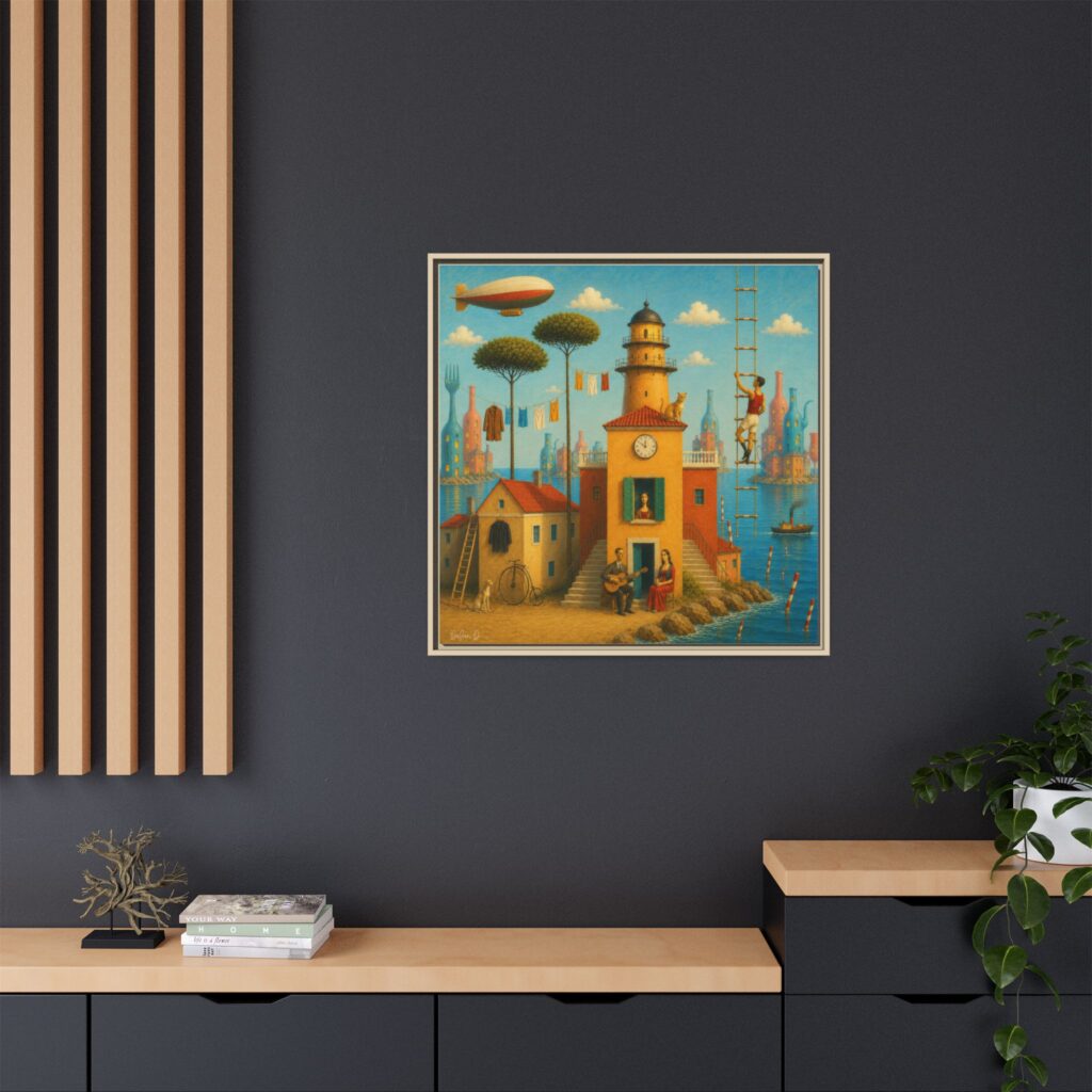 Surreal Coastal Lighthouse Matte Framed Canvas Print