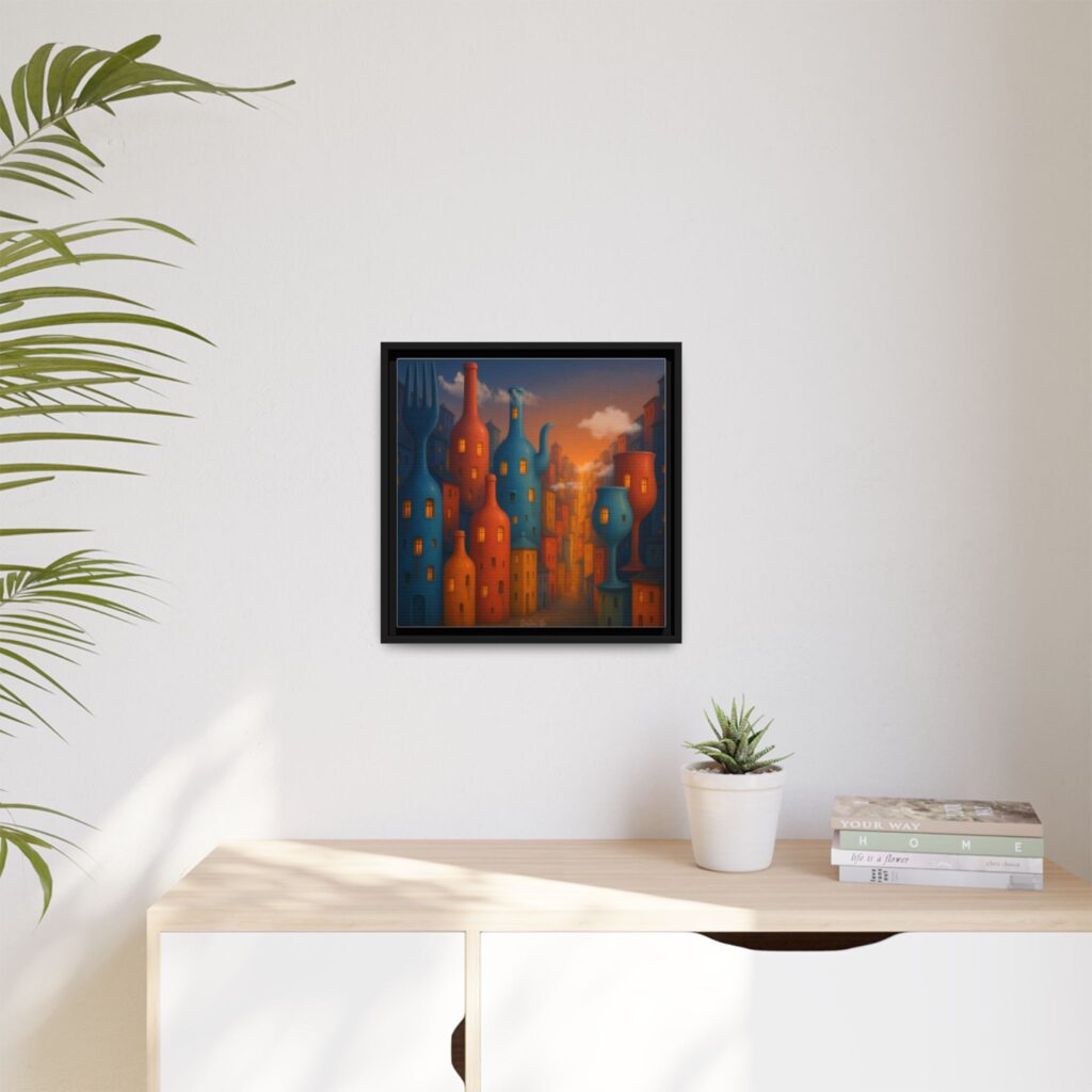 Metropolis of Bottled Souls – Surreal Cityscape Framed Canvas — Colorful Bottle-Building Wall Art