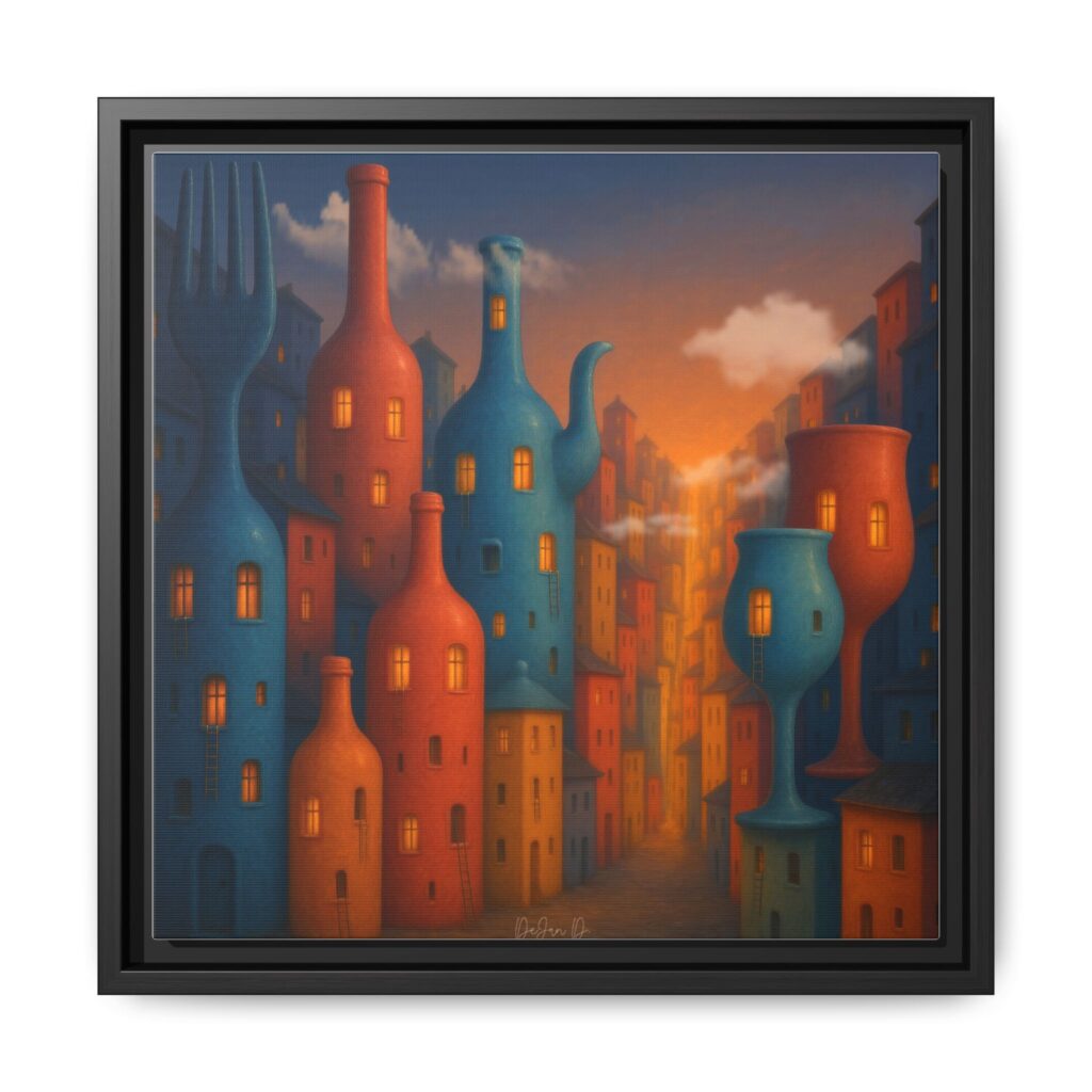 Metropolis of Bottled Souls – Surreal Cityscape Framed Canvas — Colorful Bottle-Building Wall Art