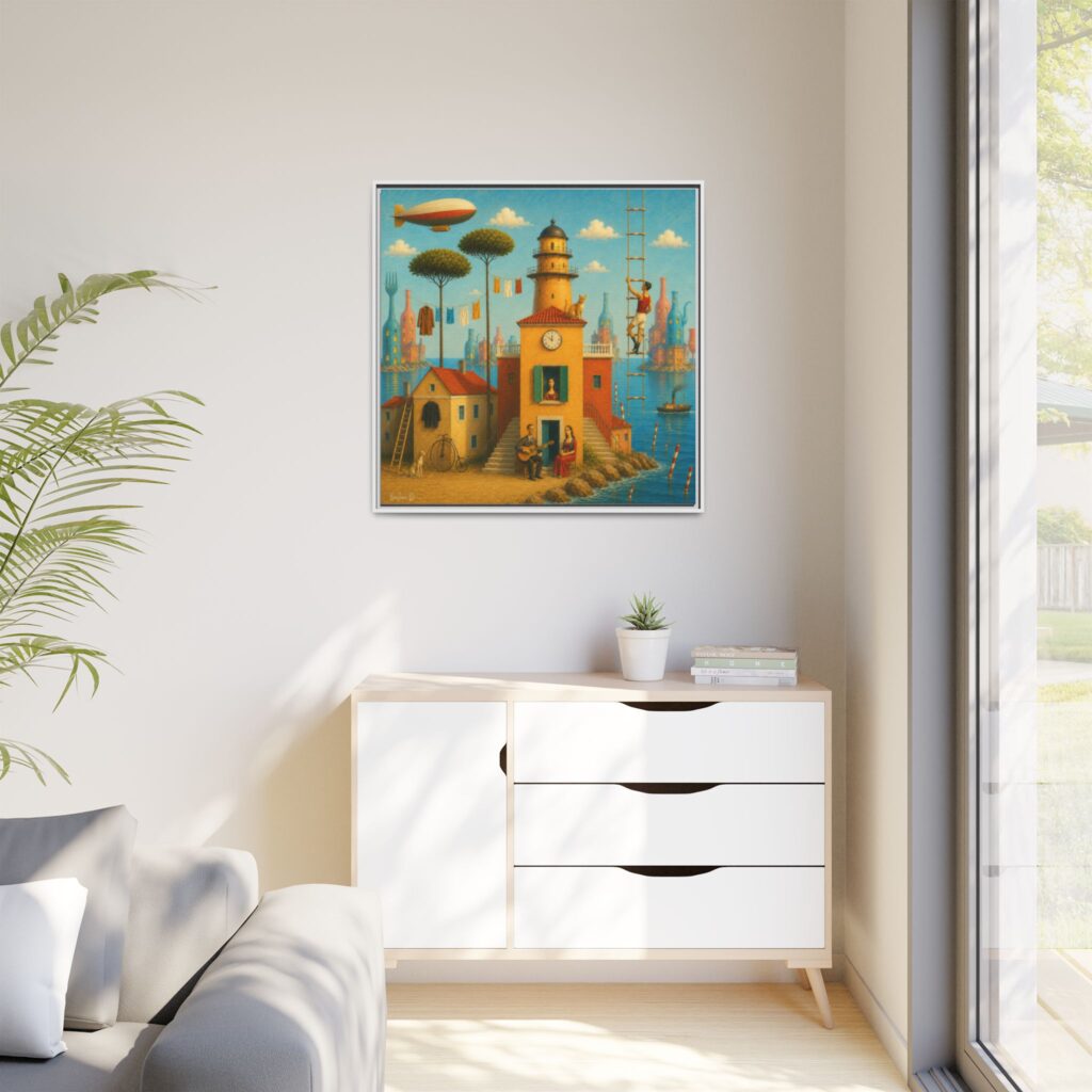 Surreal Coastal Lighthouse Matte Framed Canvas Print