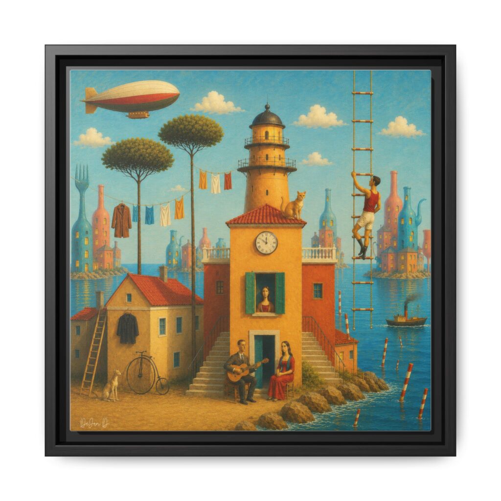 Surreal Coastal Lighthouse Matte Framed Canvas Print