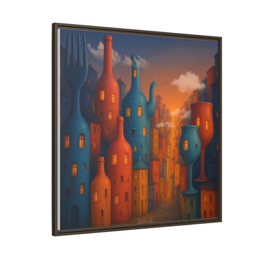 Metropolis of Bottled Souls – Surreal Cityscape Framed Canvas — Colorful Bottle-Building Wall Art