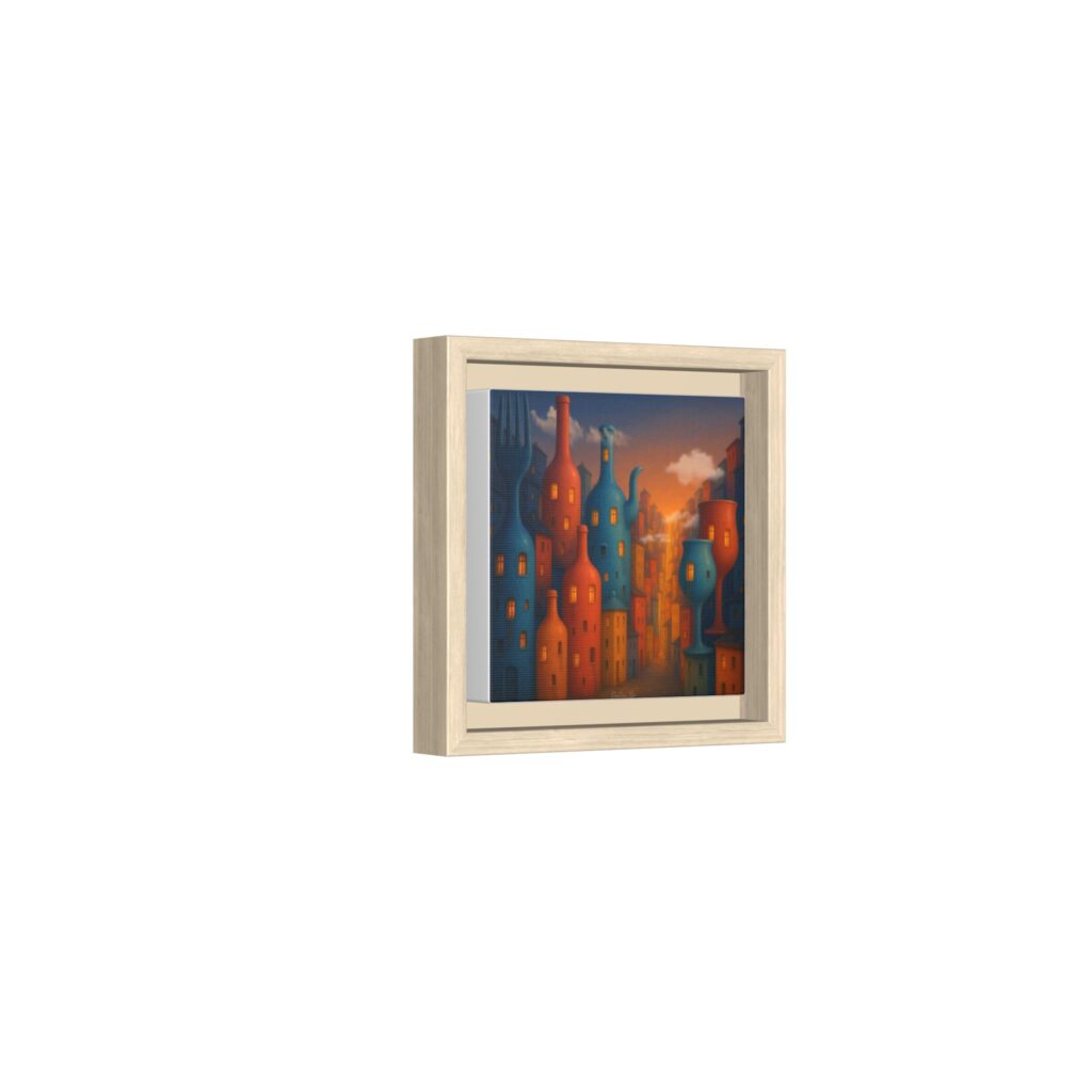 Metropolis of Bottled Souls – Surreal Cityscape Framed Canvas — Colorful Bottle-Building Wall Art