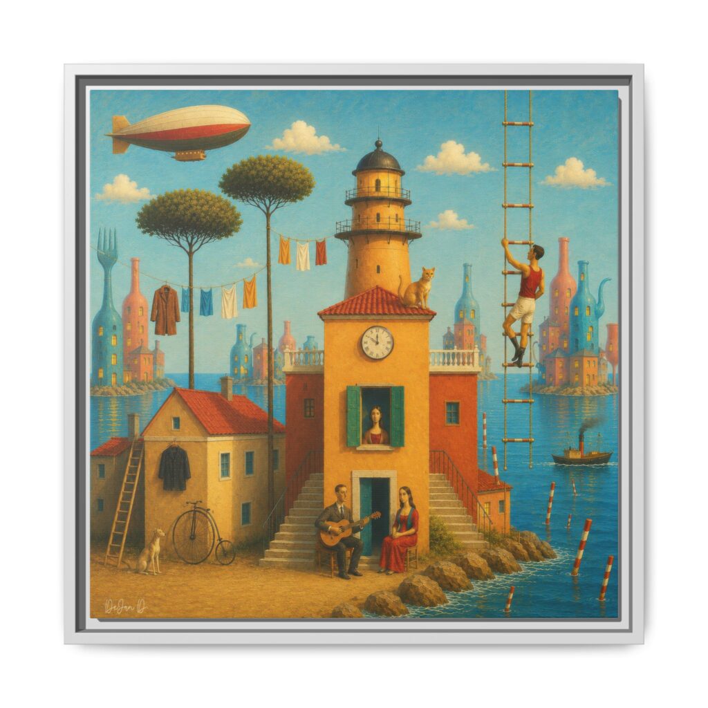 Surreal Coastal Lighthouse Matte Framed Canvas Print