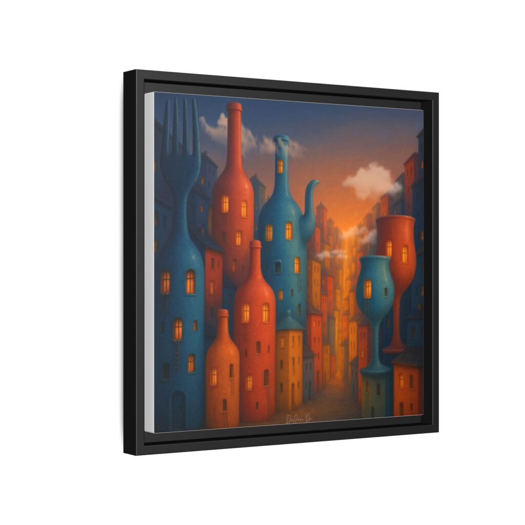 Metropolis of Bottled Souls – Surreal Cityscape Framed Canvas — Colorful Bottle-Building Wall Art
