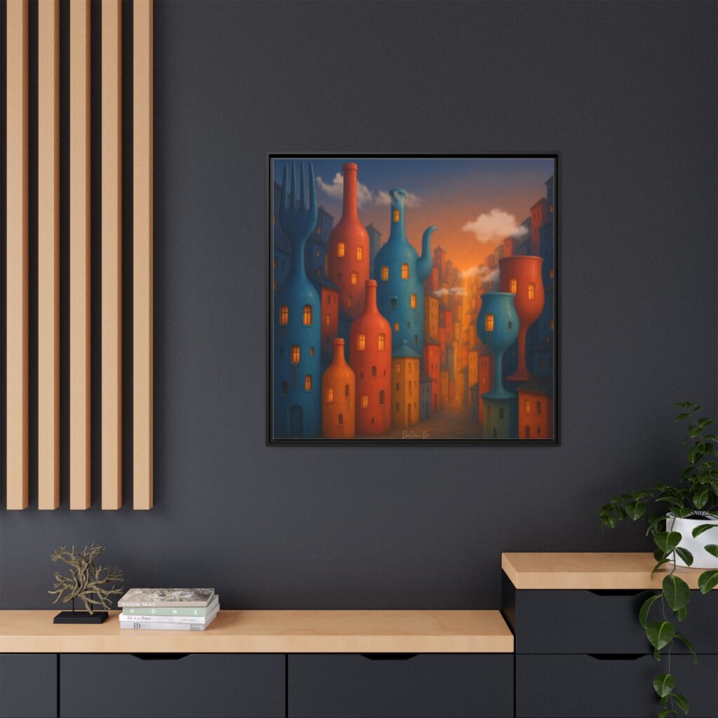 Metropolis of Bottled Souls – Surreal Cityscape Framed Canvas — Colorful Bottle-Building Wall Art