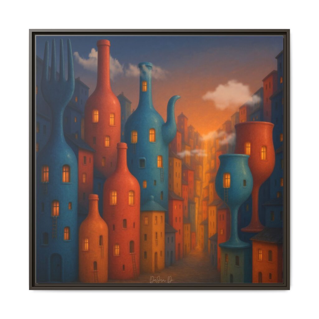 Metropolis of Bottled Souls – Surreal Cityscape Framed Canvas — Colorful Bottle-Building Wall Art