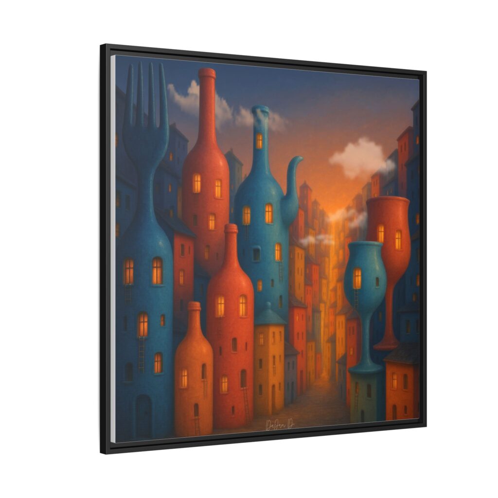 Metropolis of Bottled Souls – Surreal Cityscape Framed Canvas — Colorful Bottle-Building Wall Art