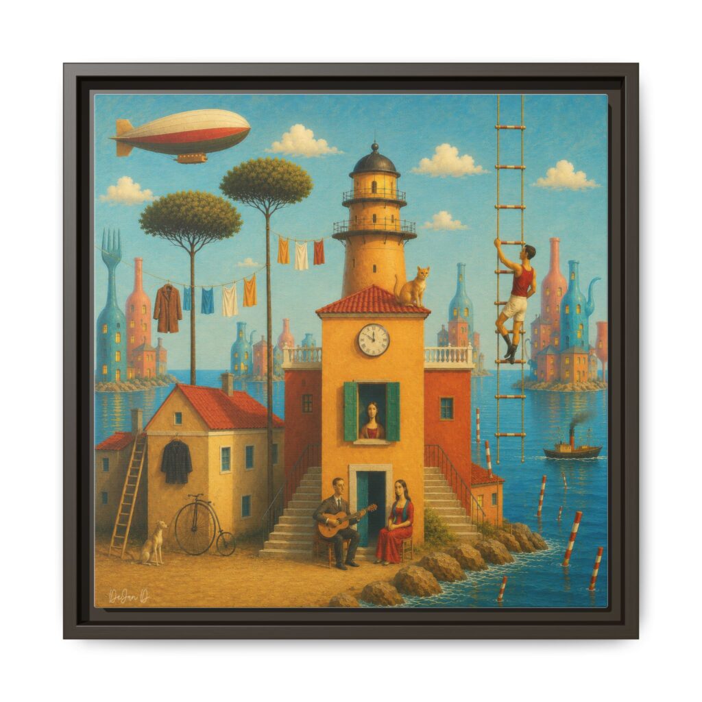 Surreal Coastal Lighthouse Matte Framed Canvas Print