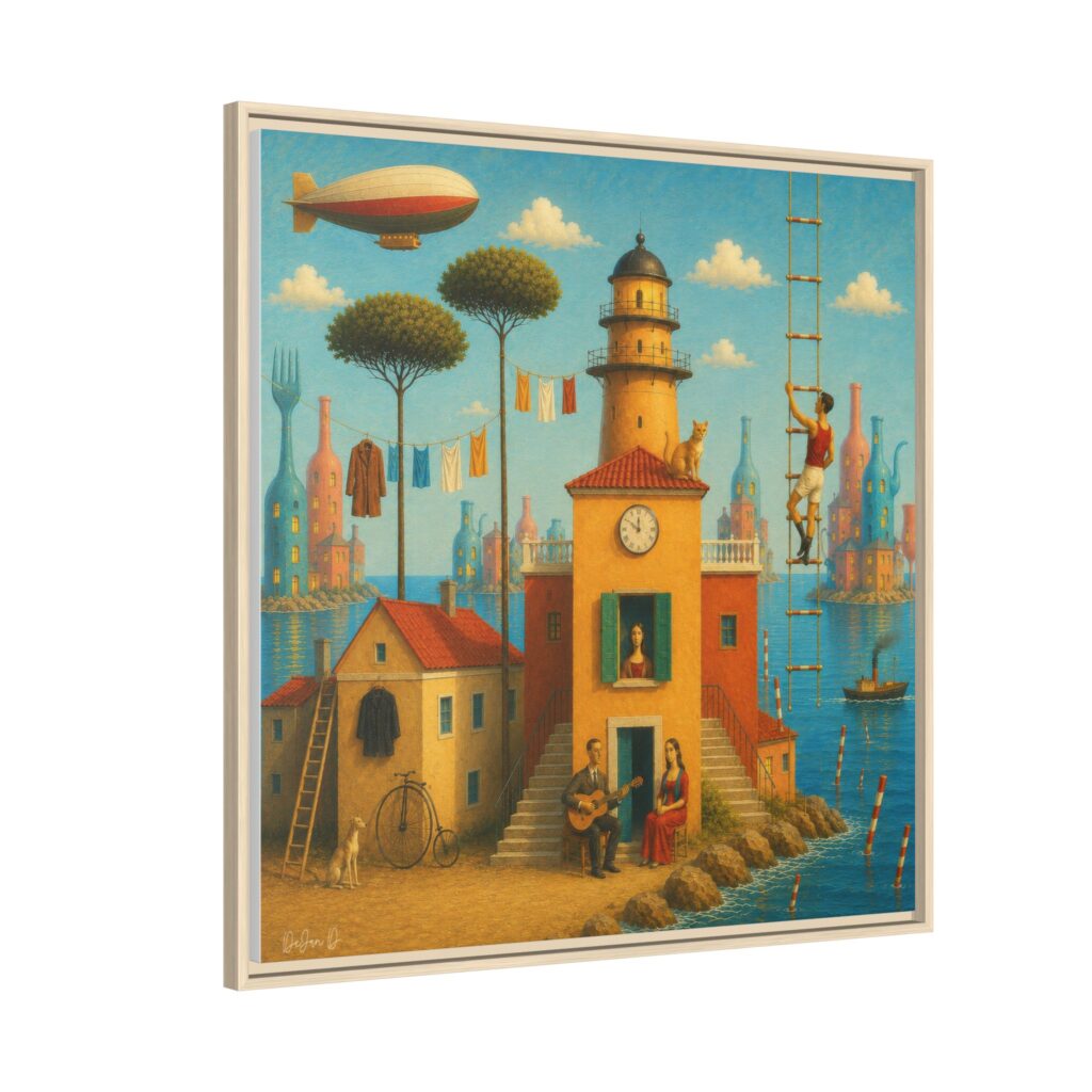 Surreal Coastal Lighthouse Matte Framed Canvas Print