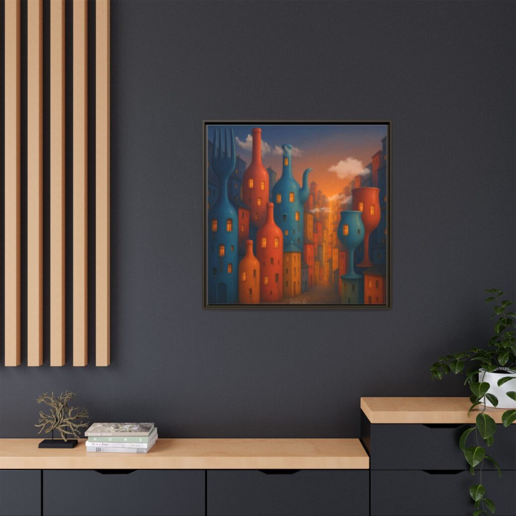 Metropolis of Bottled Souls – Surreal Cityscape Framed Canvas — Colorful Bottle-Building Wall Art
