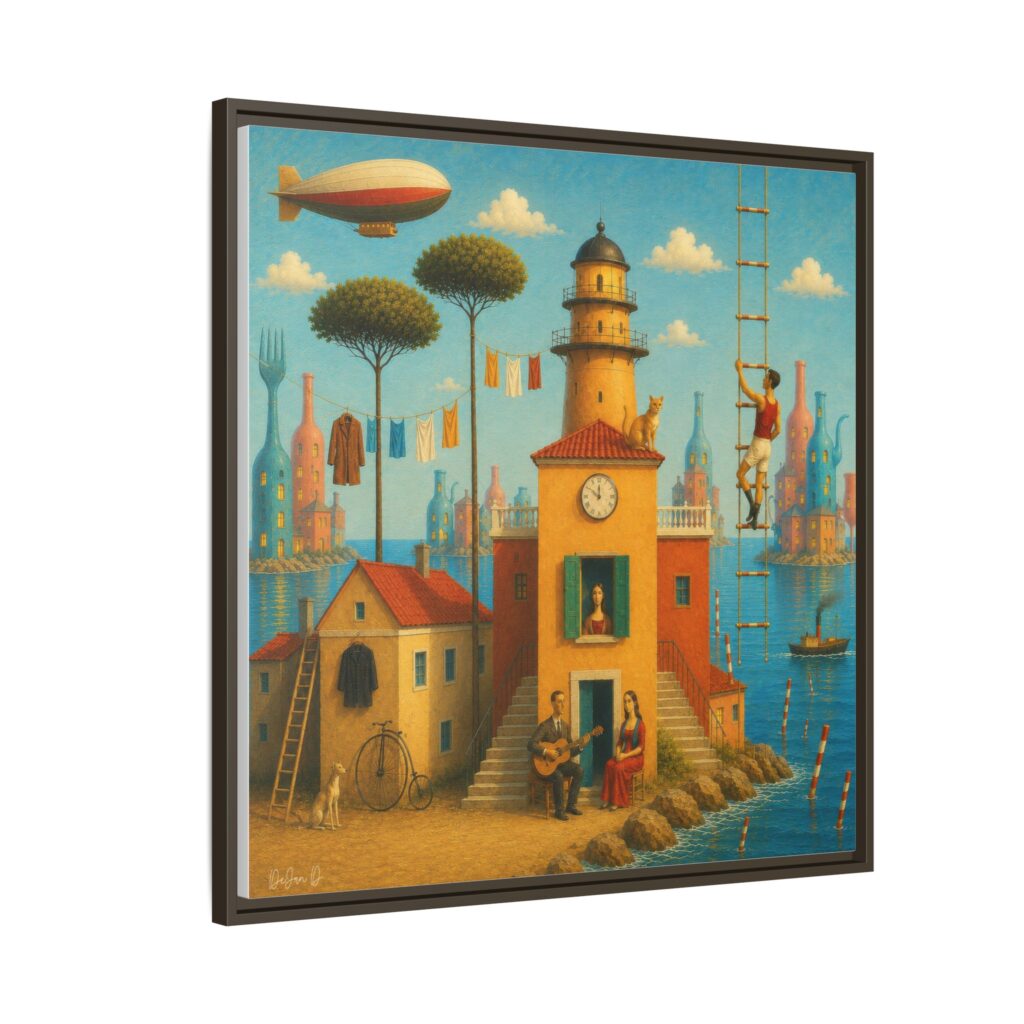 Surreal Coastal Lighthouse Matte Framed Canvas Print