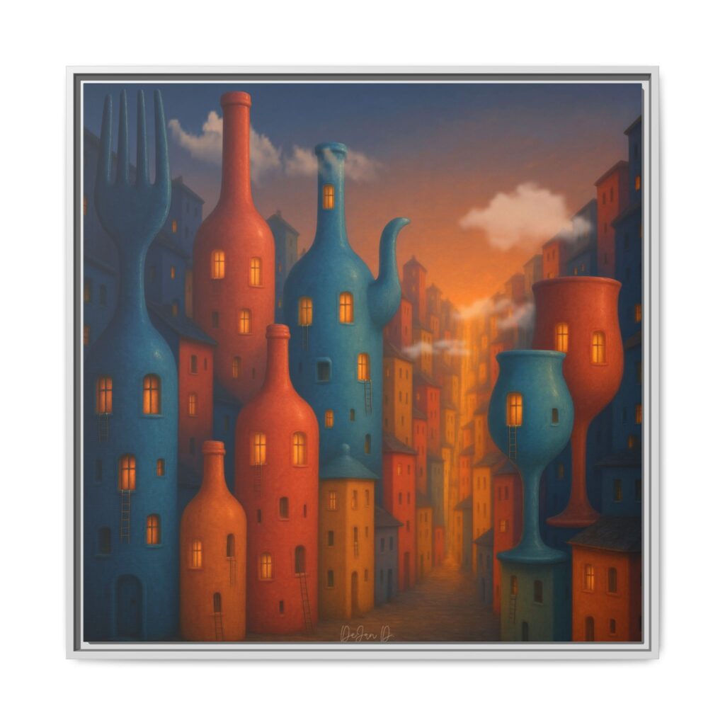 Metropolis of Bottled Souls – Surreal Cityscape Framed Canvas — Colorful Bottle-Building Wall Art