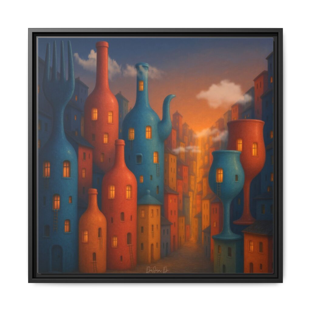 Metropolis of Bottled Souls – Surreal Cityscape Framed Canvas — Colorful Bottle-Building Wall Art