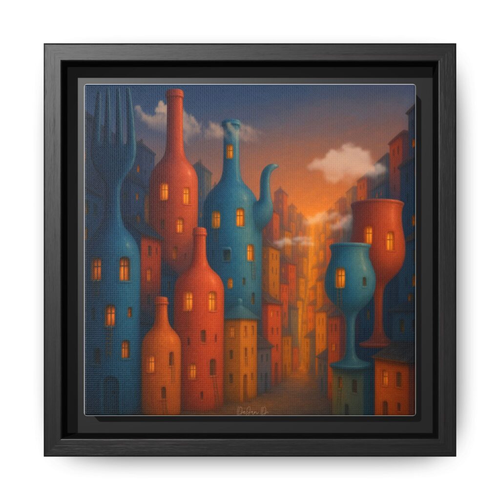 Metropolis of Bottled Souls – Surreal Cityscape Framed Canvas — Colorful Bottle-Building Wall Art
