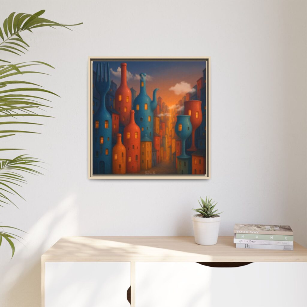 Metropolis of Bottled Souls – Surreal Cityscape Framed Canvas — Colorful Bottle-Building Wall Art