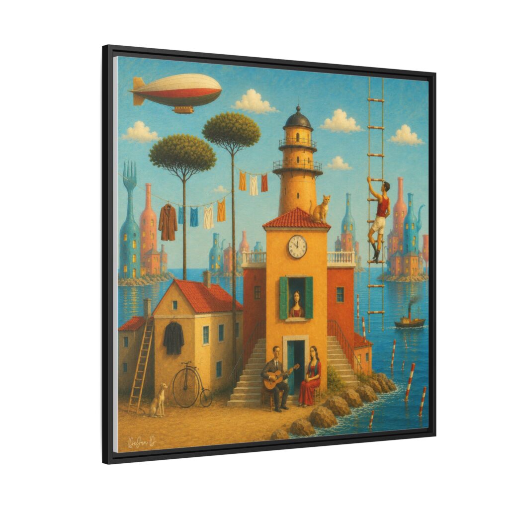 Surreal Coastal Lighthouse Matte Framed Canvas Print