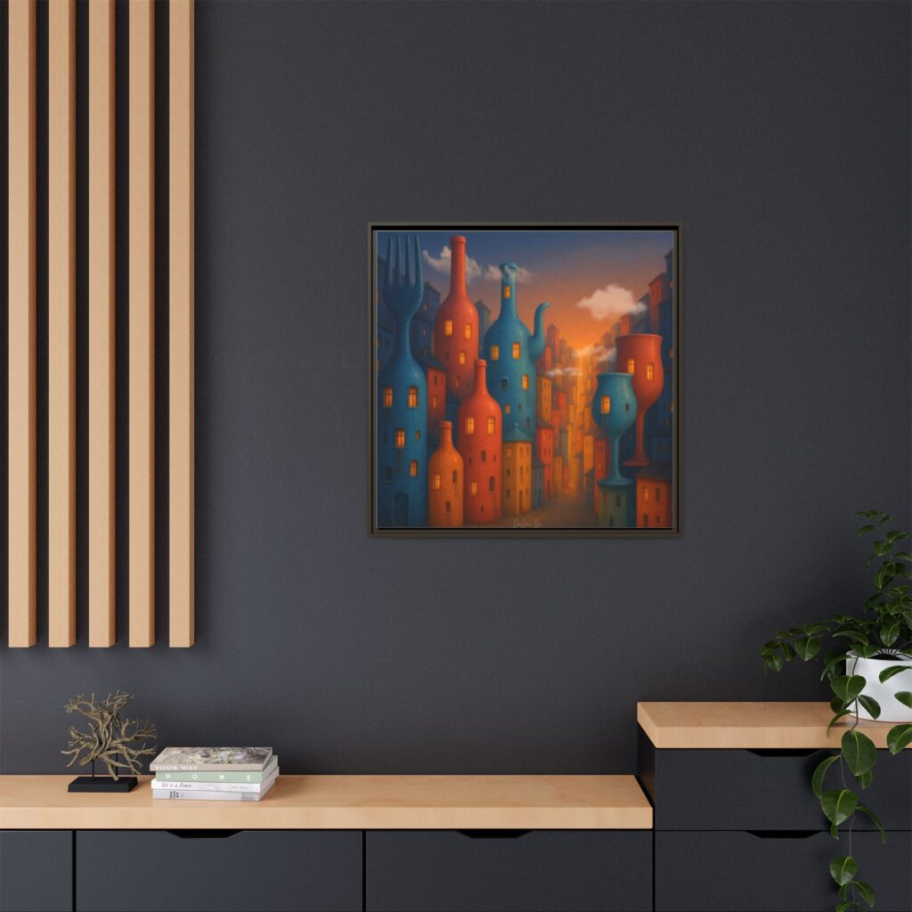 Metropolis of Bottled Souls – Surreal Cityscape Framed Canvas — Colorful Bottle-Building Wall Art