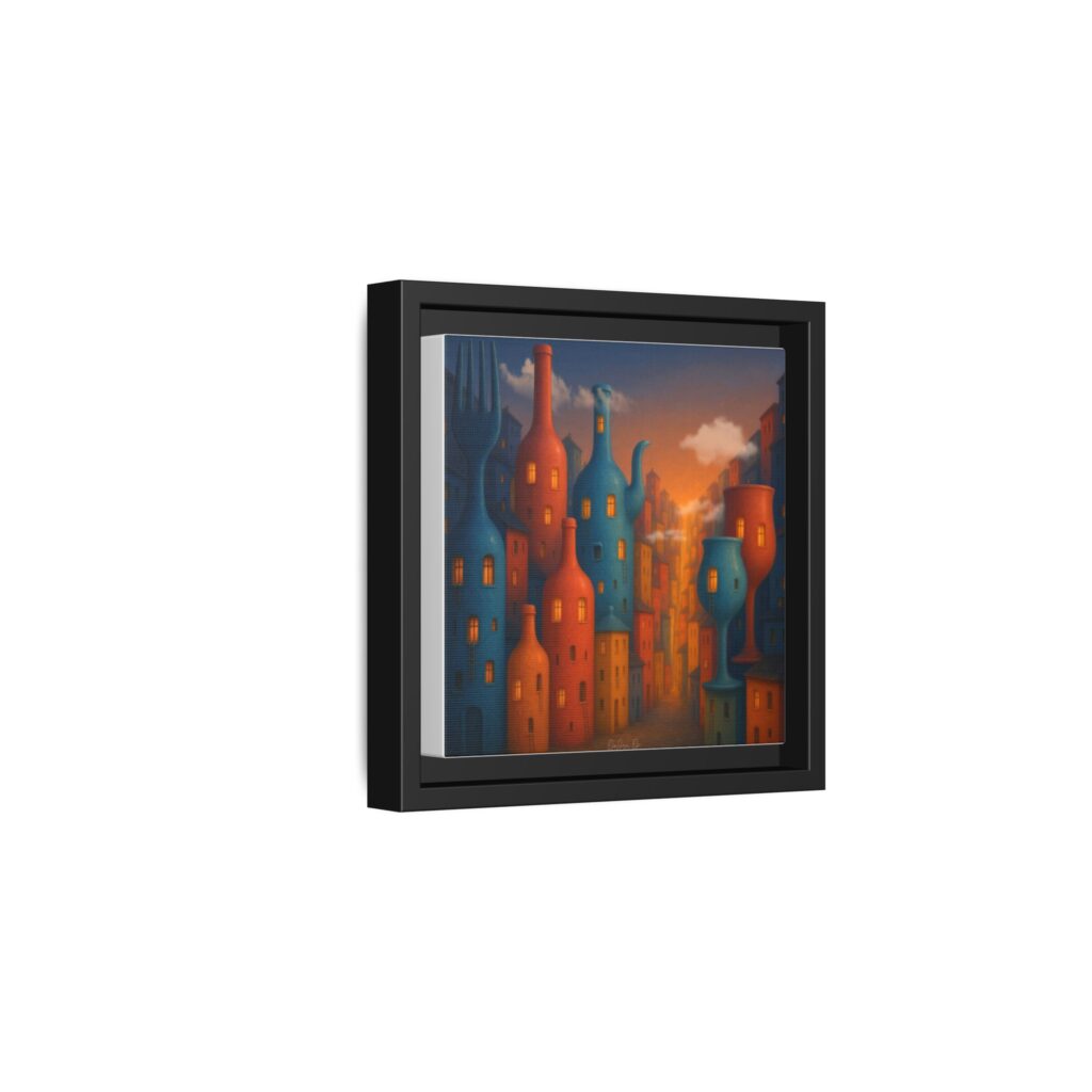 Metropolis of Bottled Souls – Surreal Cityscape Framed Canvas — Colorful Bottle-Building Wall Art