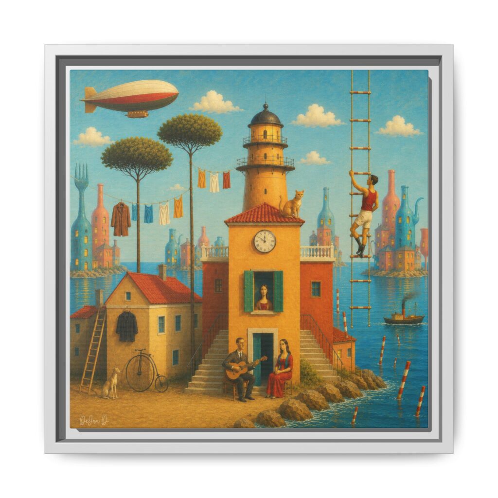 Surreal Coastal Lighthouse Matte Framed Canvas Print