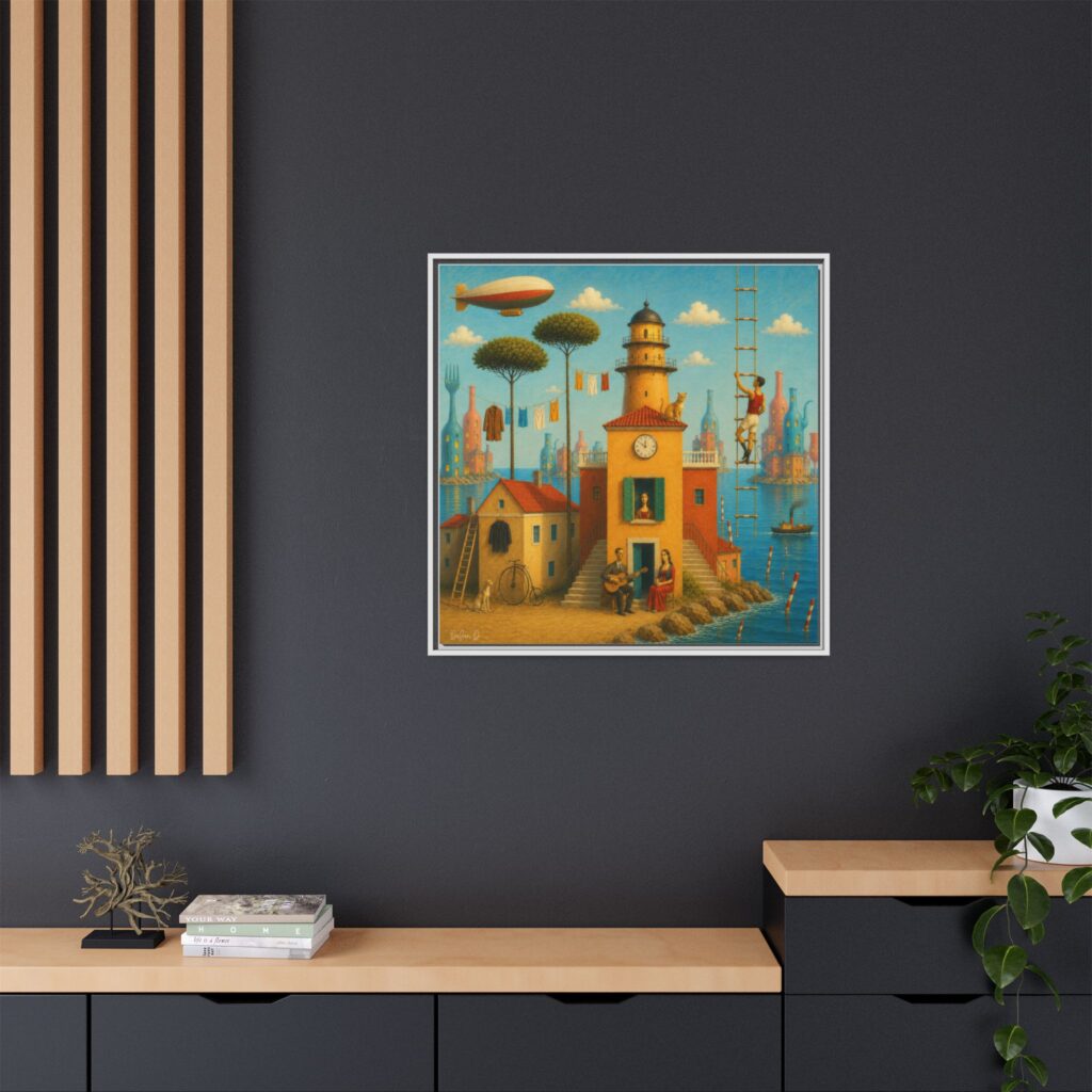 Surreal Coastal Lighthouse Matte Framed Canvas Print