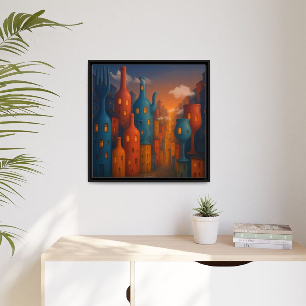 Metropolis of Bottled Souls – Surreal Cityscape Framed Canvas — Colorful Bottle-Building Wall Art