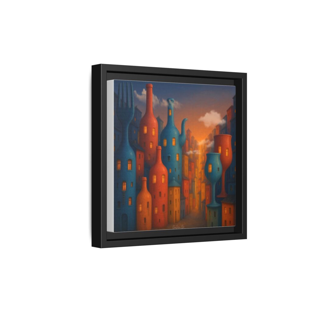 Metropolis of Bottled Souls – Surreal Cityscape Framed Canvas — Colorful Bottle-Building Wall Art