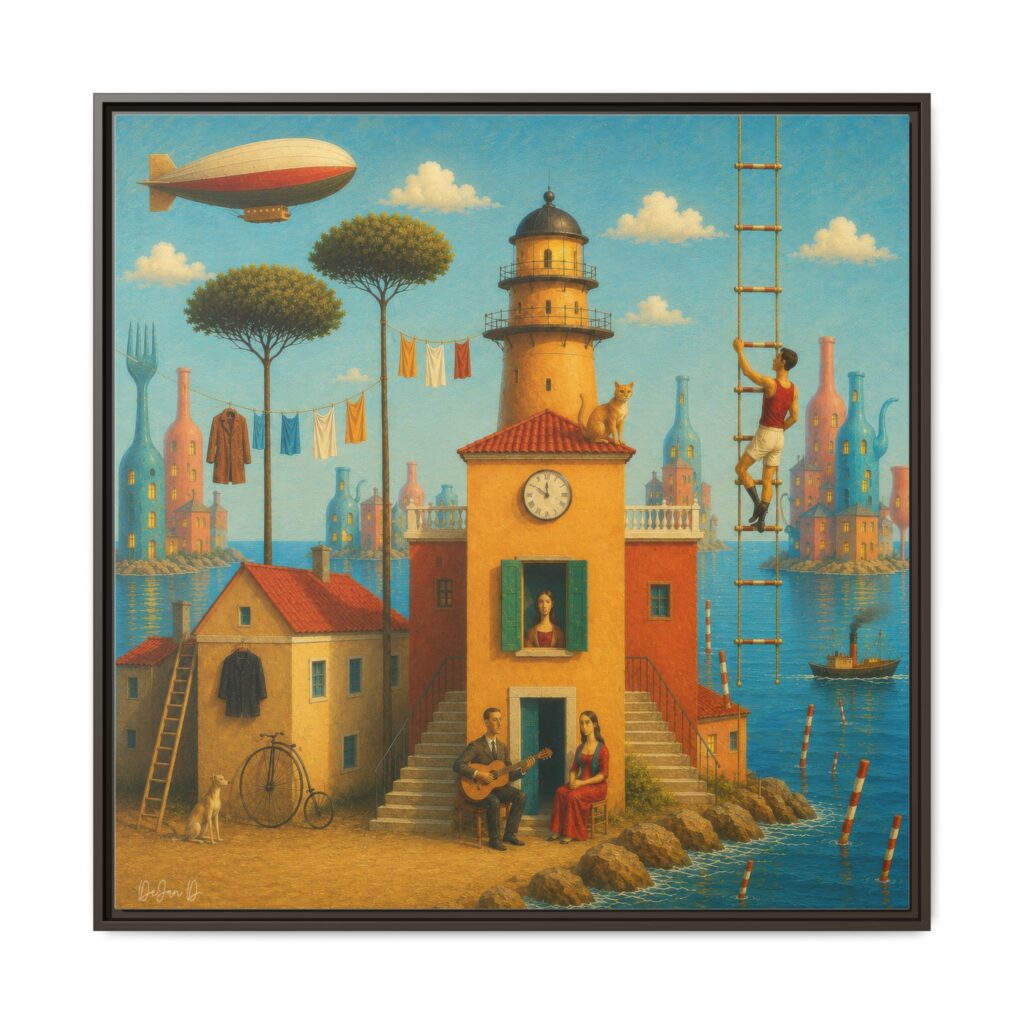 Surreal Coastal Lighthouse Matte Framed Canvas Print