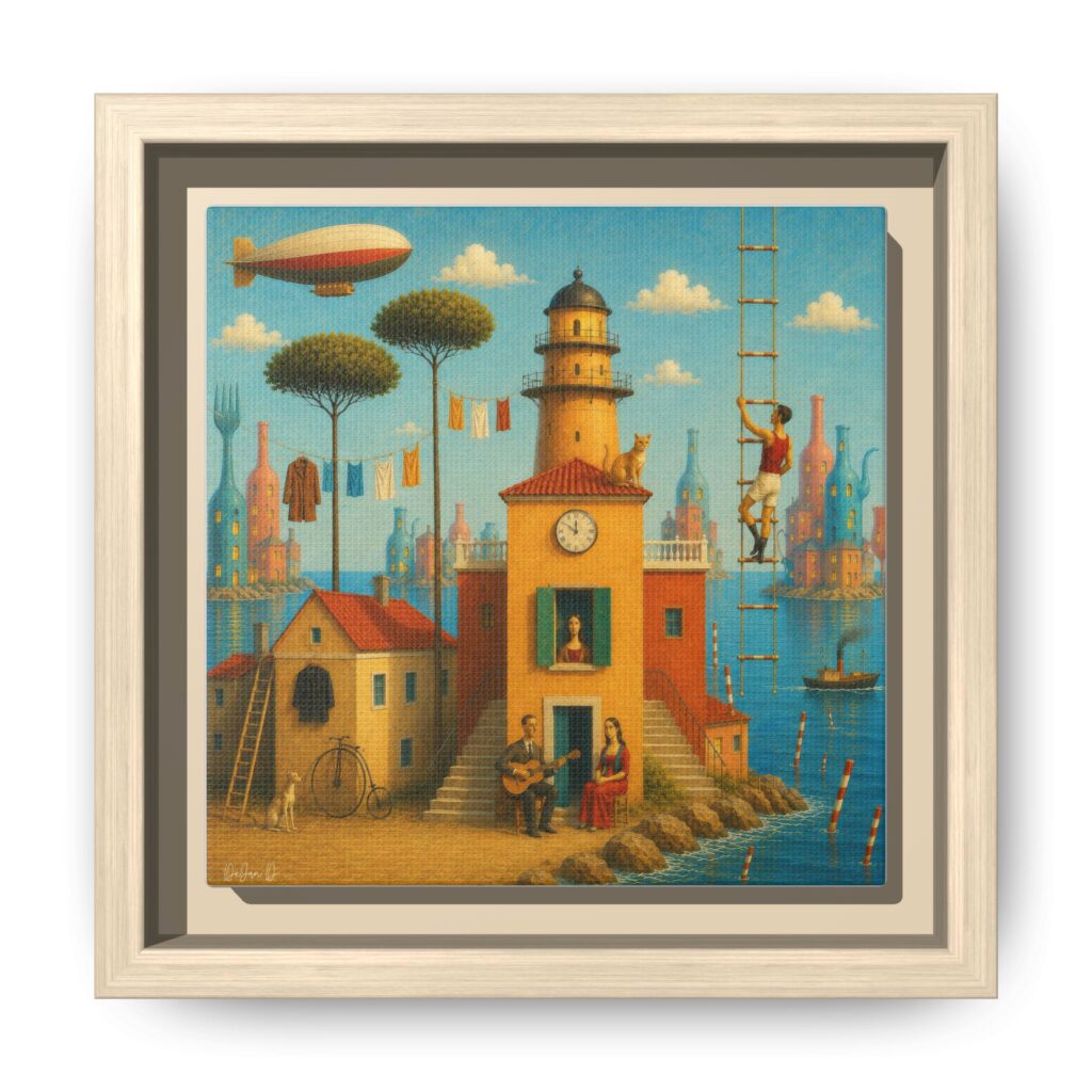 Surreal Coastal Lighthouse Matte Framed Canvas Print