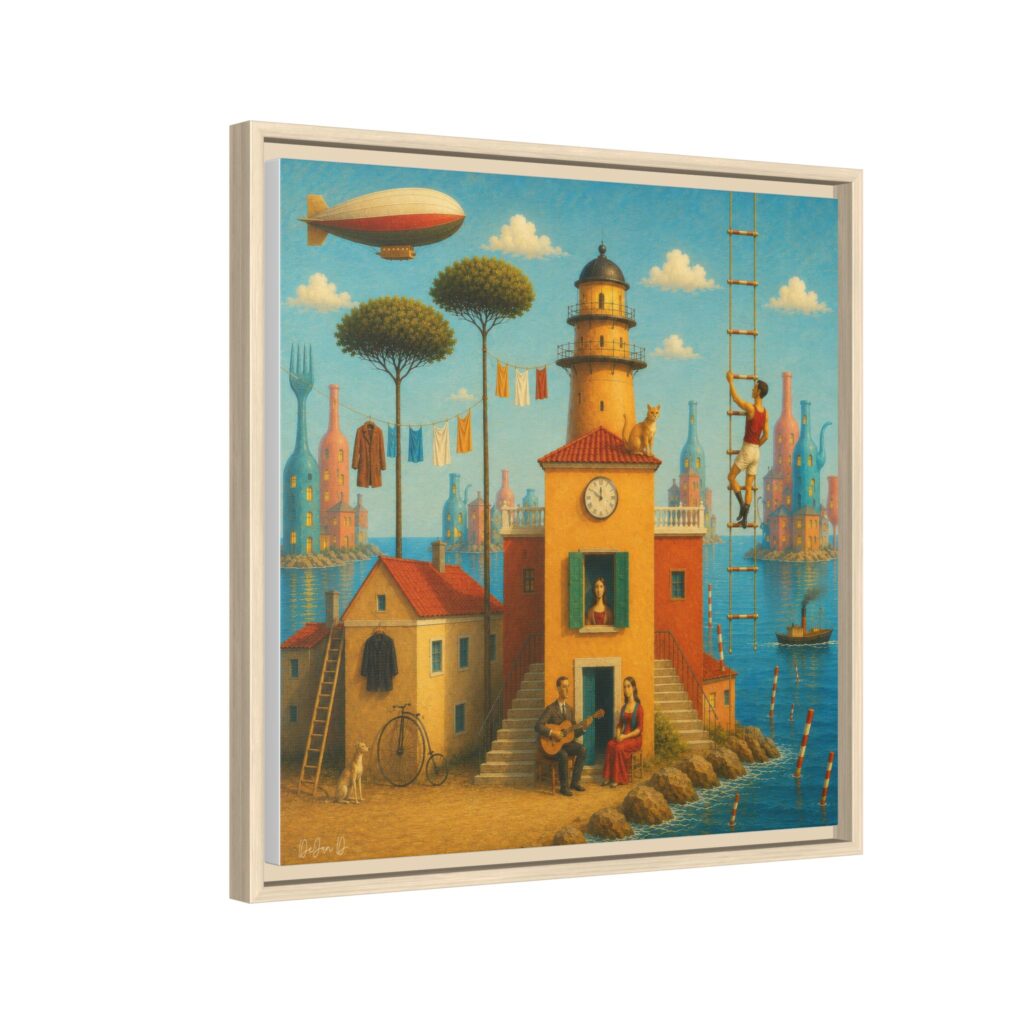 Surreal Coastal Lighthouse Matte Framed Canvas Print