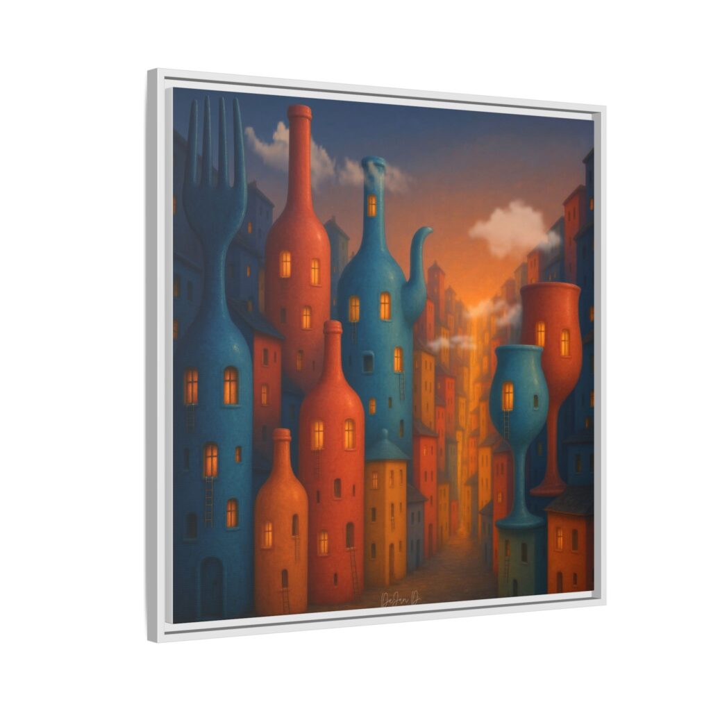 Metropolis of Bottled Souls – Surreal Cityscape Framed Canvas — Colorful Bottle-Building Wall Art