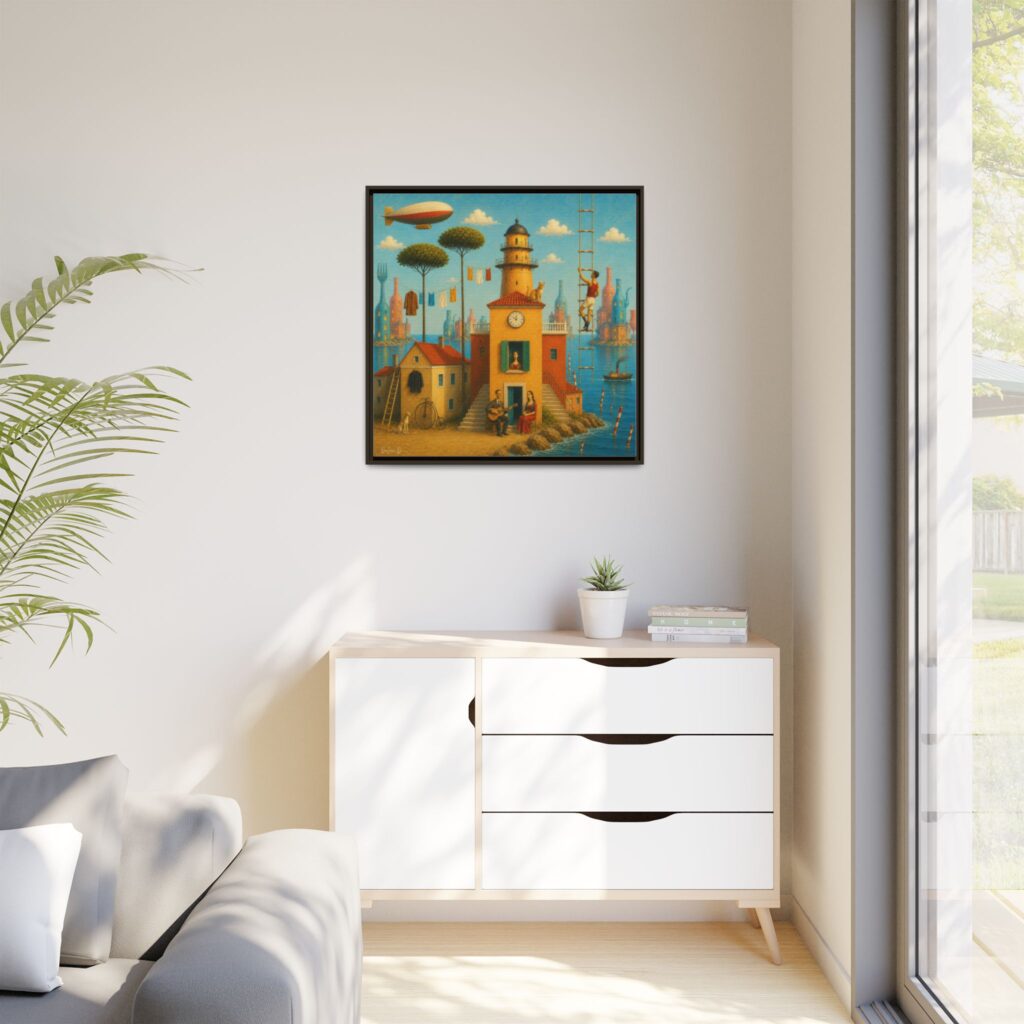 Surreal Coastal Lighthouse Matte Framed Canvas Print