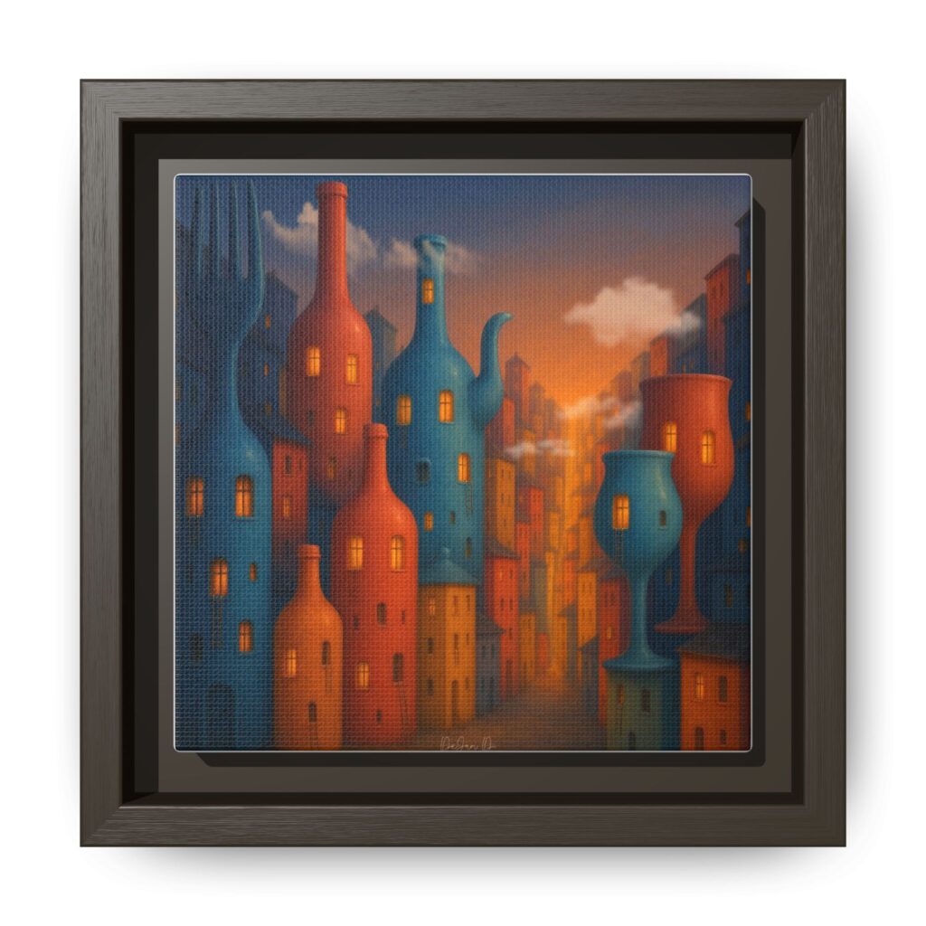Metropolis of Bottled Souls – Surreal Cityscape Framed Canvas — Colorful Bottle-Building Wall Art
